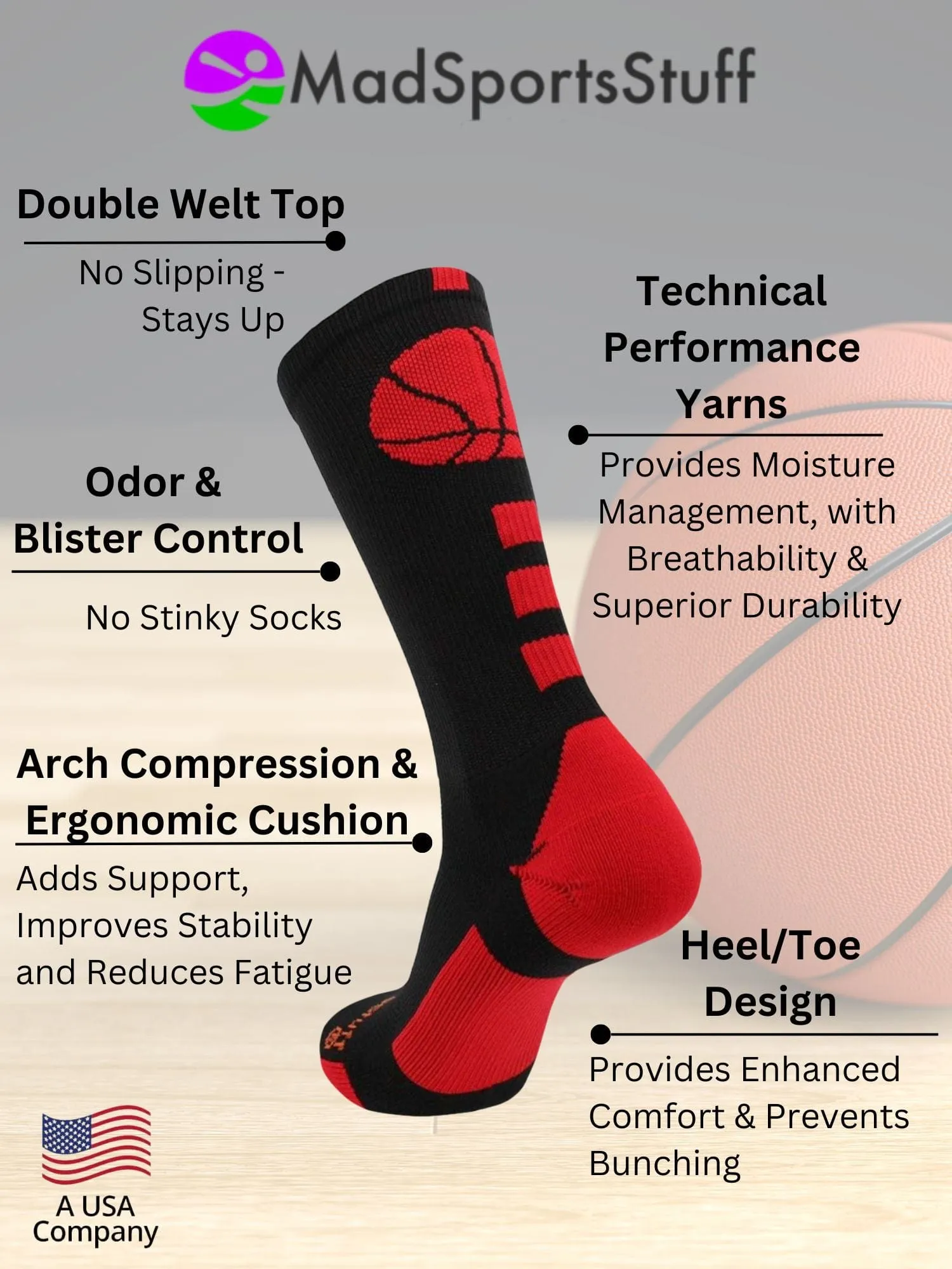 Basketball Socks with Basketball Logo Athletic Crew Socks - made in the USA