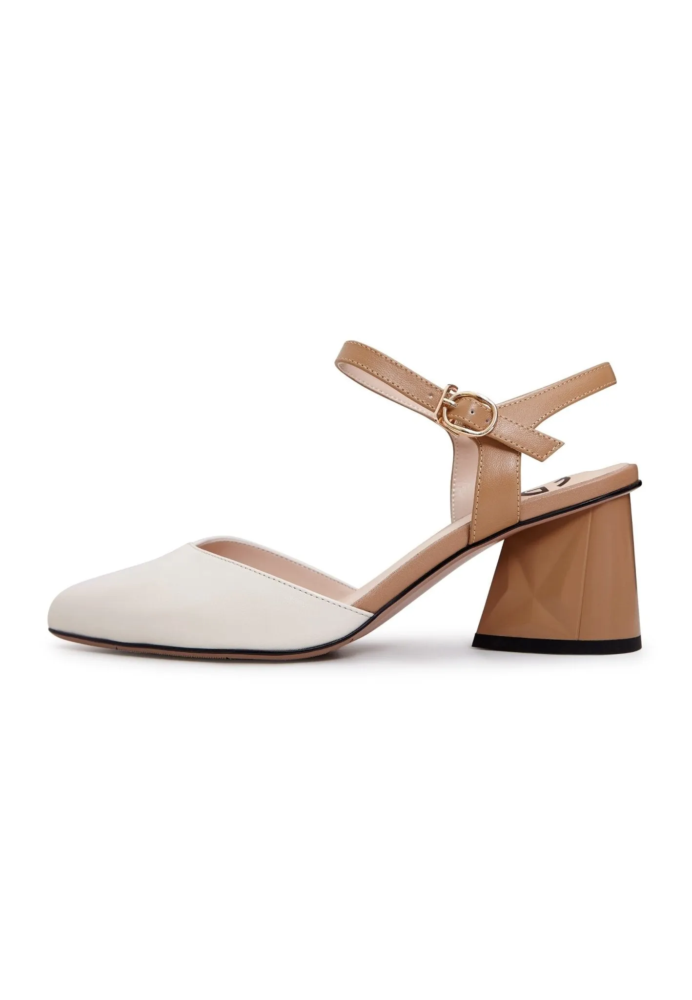 Block Heel Leather Pump - Beige