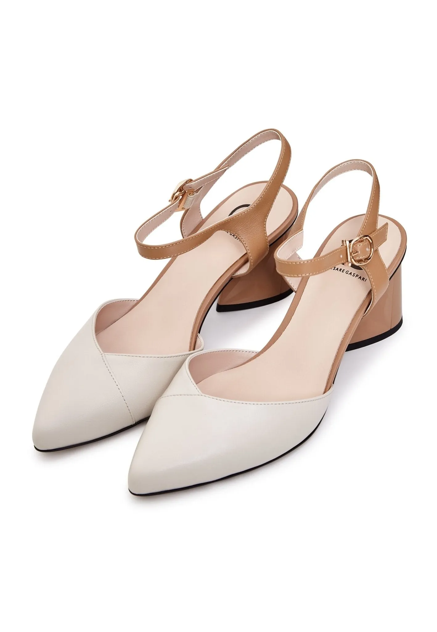 Block Heel Leather Pump - Beige