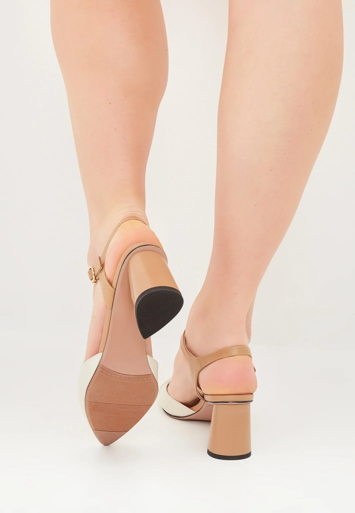 Block Heel Leather Pump - Beige