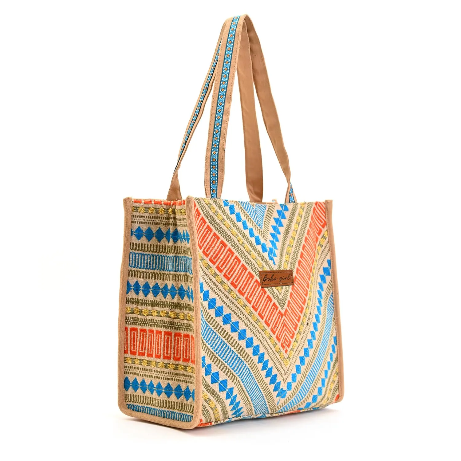 Boho Girl Summer Chic Vibrant Tote | Cotton Canvas Tote Bag for Women | Shoulder Bag with Top Zip Closure | Canvas Handbag for Grocery, Shopping, Travel, Work, Beach/Lunch Bag