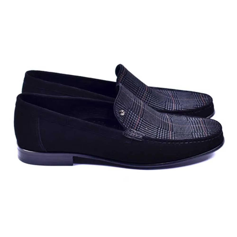 Corrente Handsewn Jon Black Plaid Suede Loafers for men