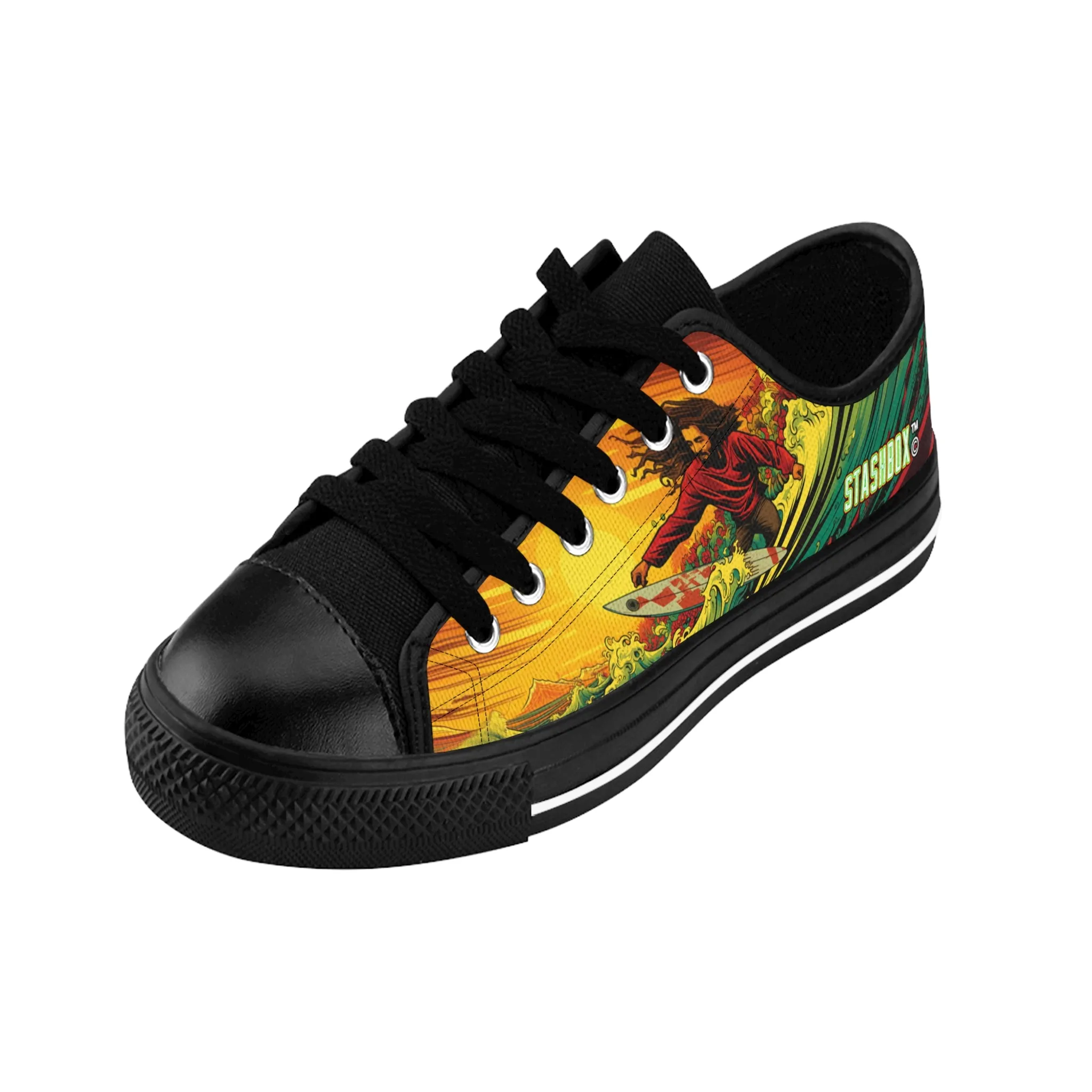 Custom Men's Sneakers Rastaman Surfing Wave Green Yellow Red Surfboard 005