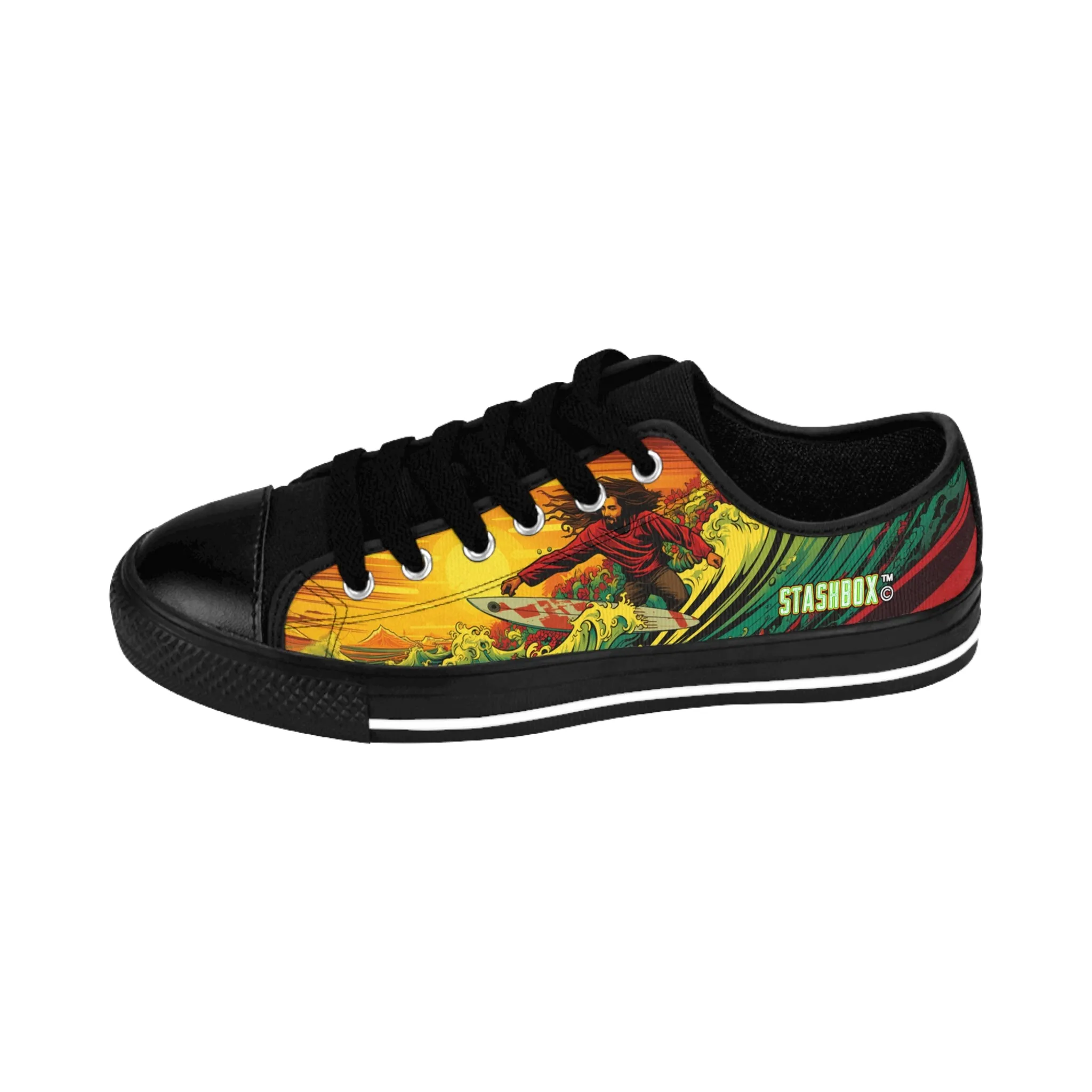 Custom Men's Sneakers Rastaman Surfing Wave Green Yellow Red Surfboard 005