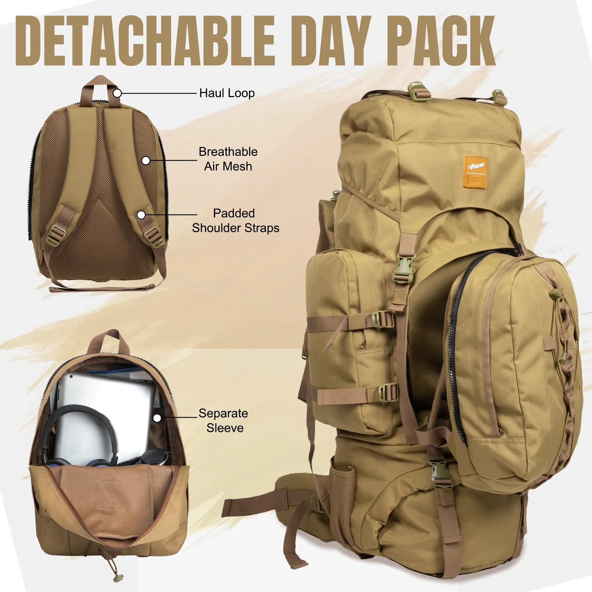 Levante 87L Khaki  Rucksack with Detachable Daypack