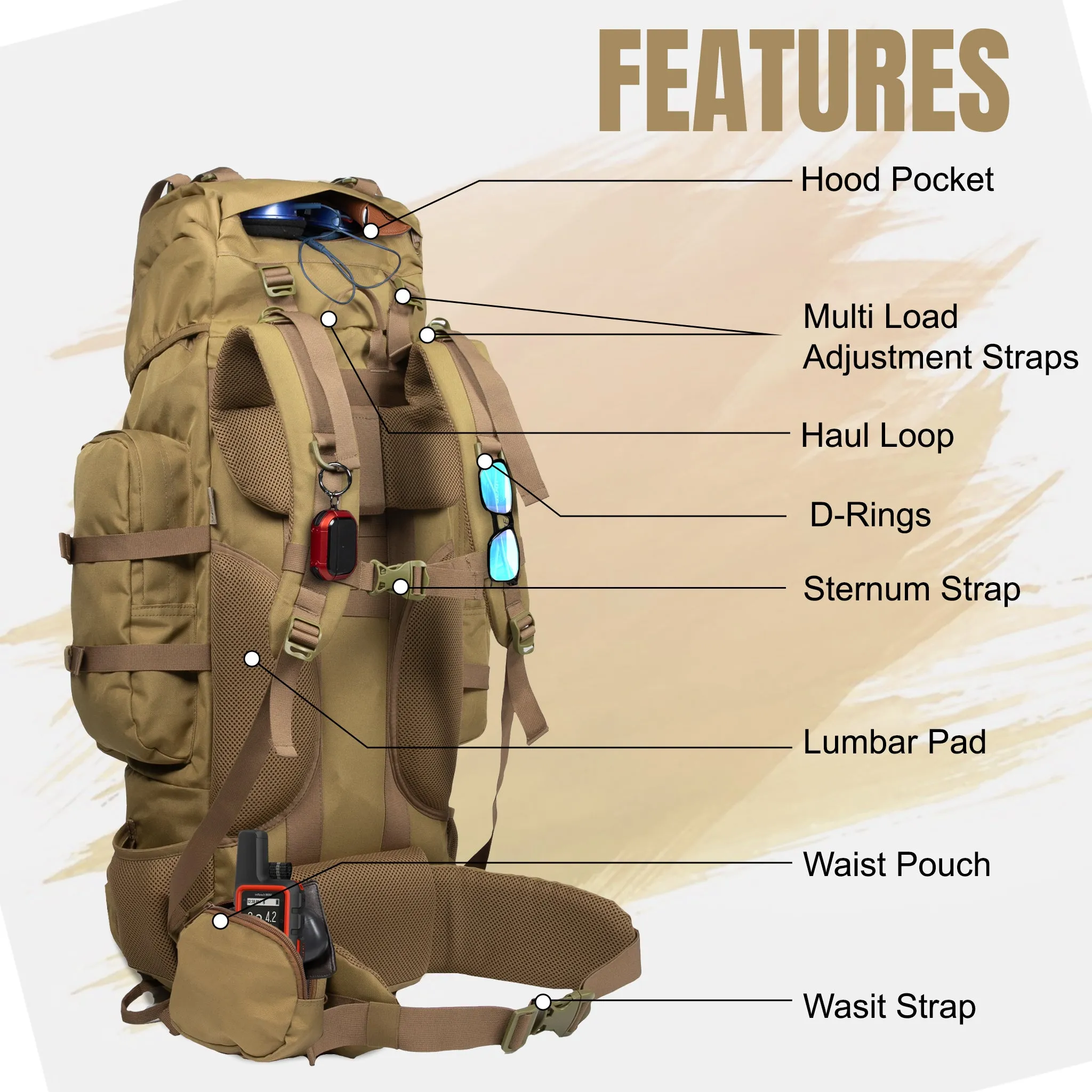 Levante 87L Khaki  Rucksack with Detachable Daypack