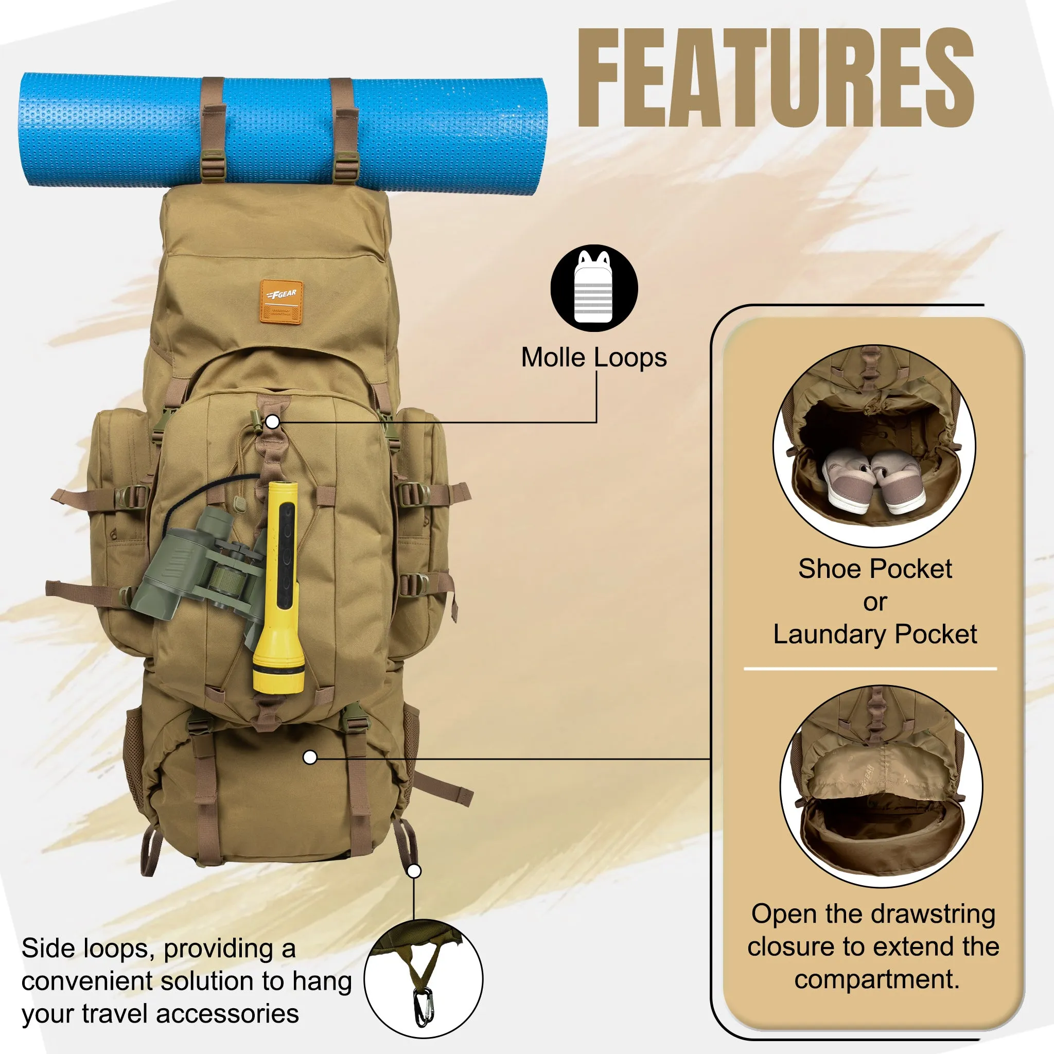 Levante 87L Khaki  Rucksack with Detachable Daypack