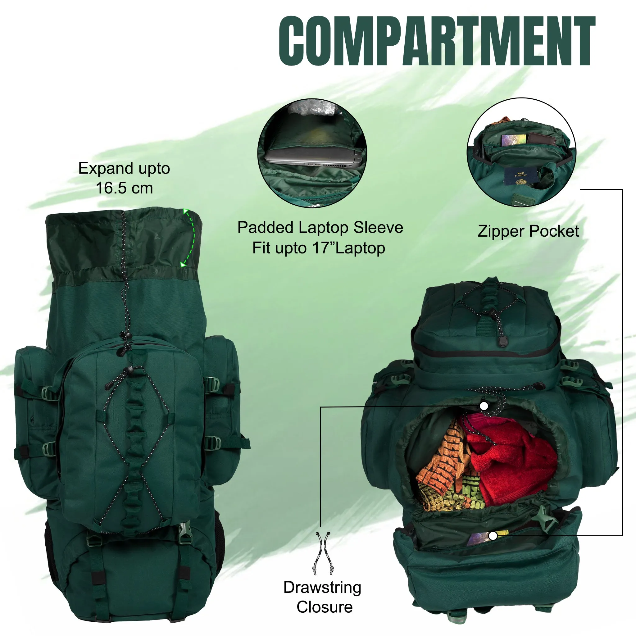 Levante 87L Spruce Green Rucksack Detachable Daypack