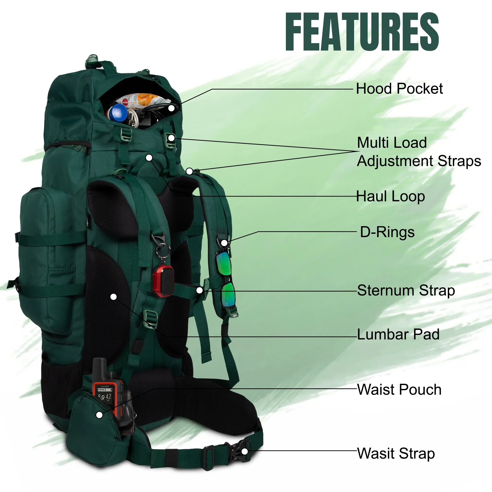 Levante 87L Spruce Green Rucksack Detachable Daypack