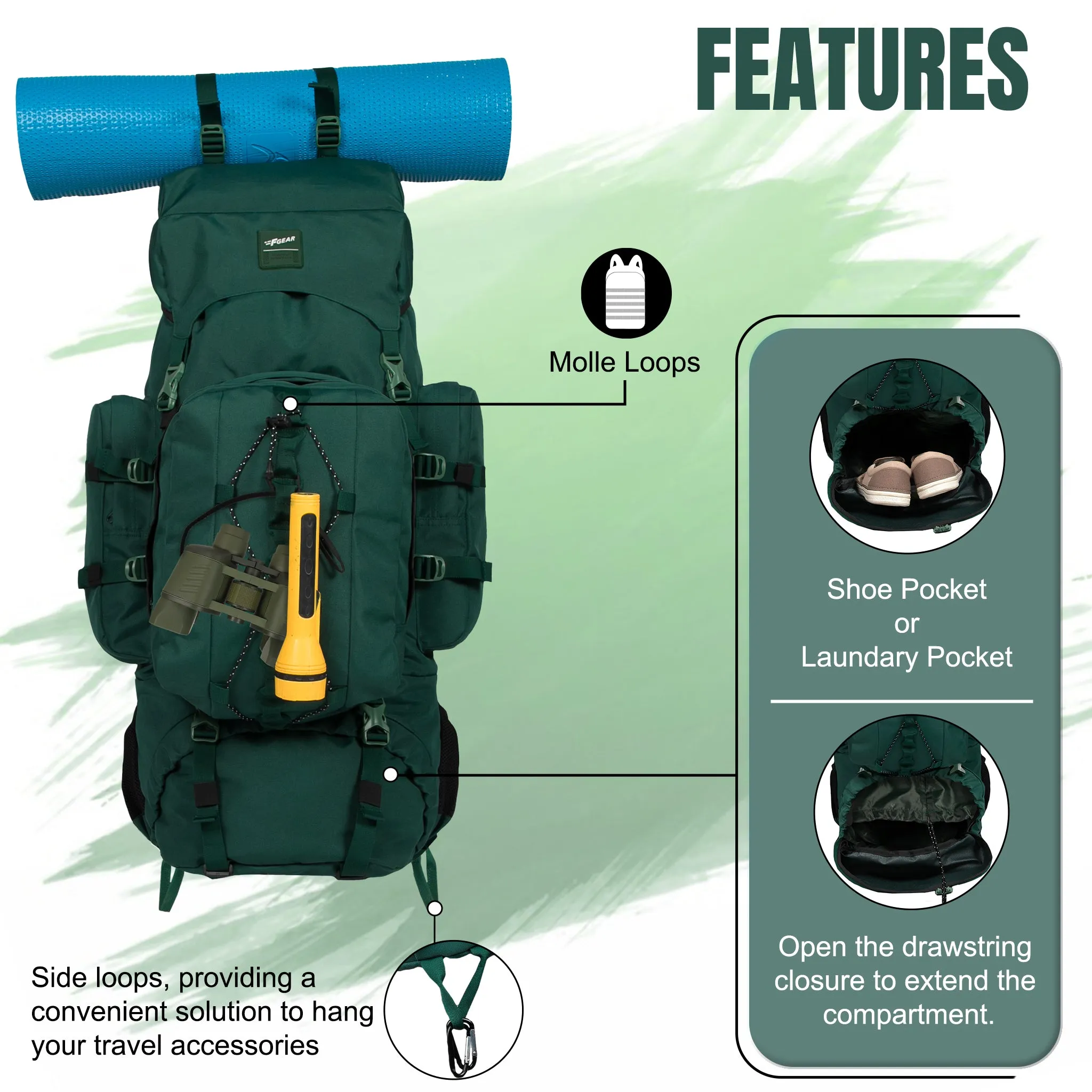 Levante 87L Spruce Green Rucksack Detachable Daypack