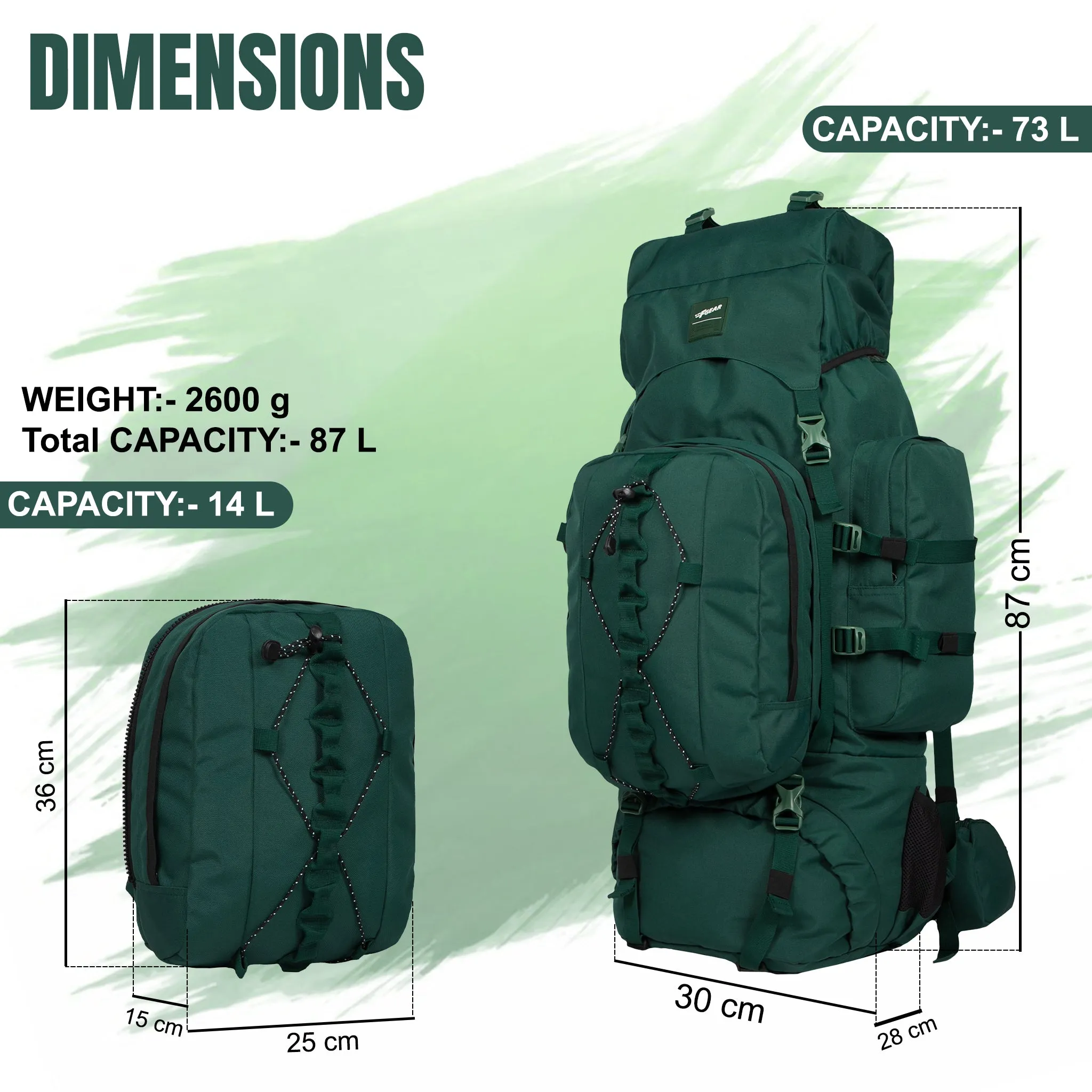 Levante 87L Spruce Green Rucksack Detachable Daypack