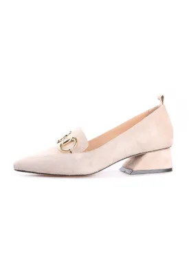 Suede Block Heel Loafers with Gold Chain Detail - Beige