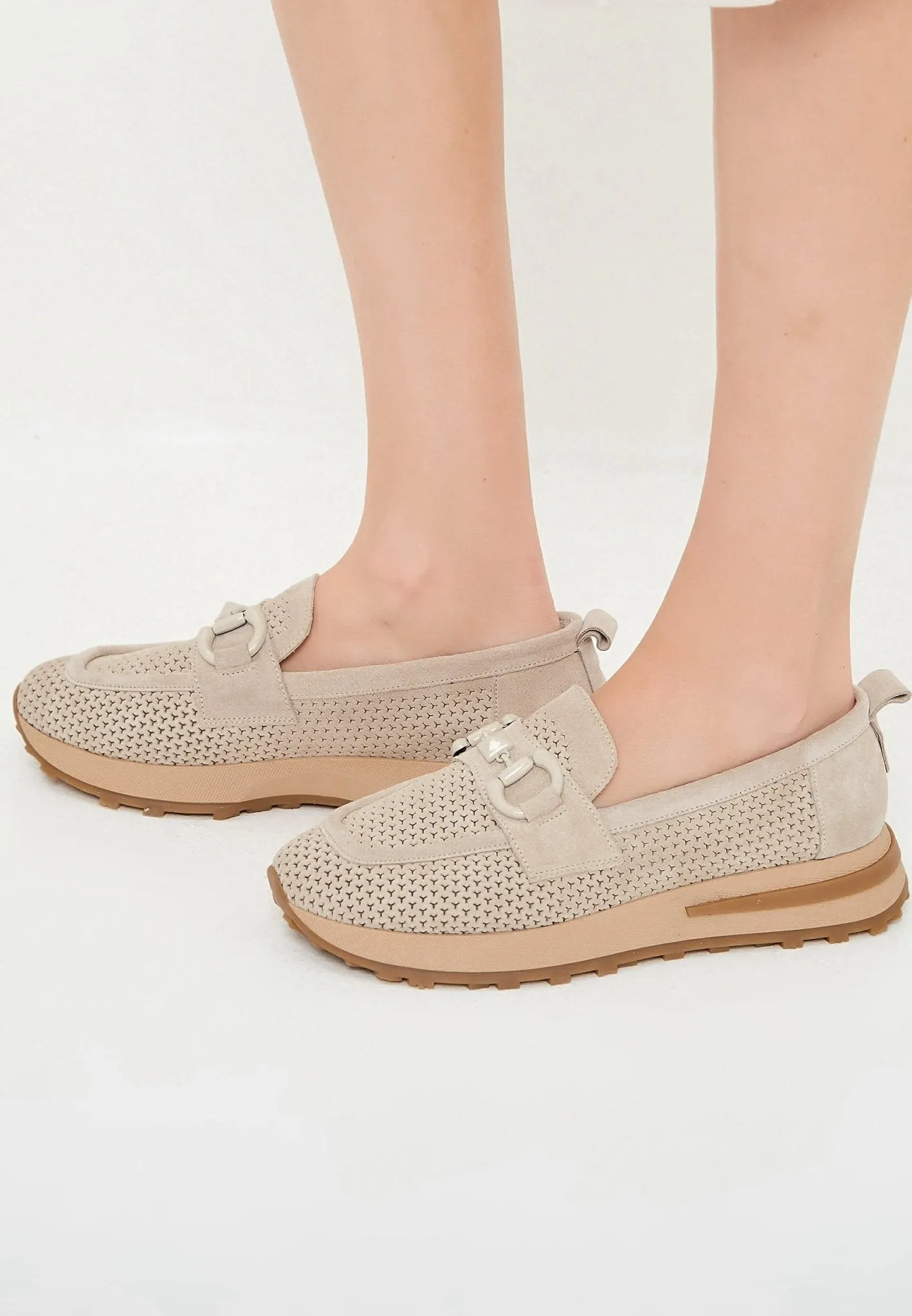 Suede Laser Cut Loafers - Beige