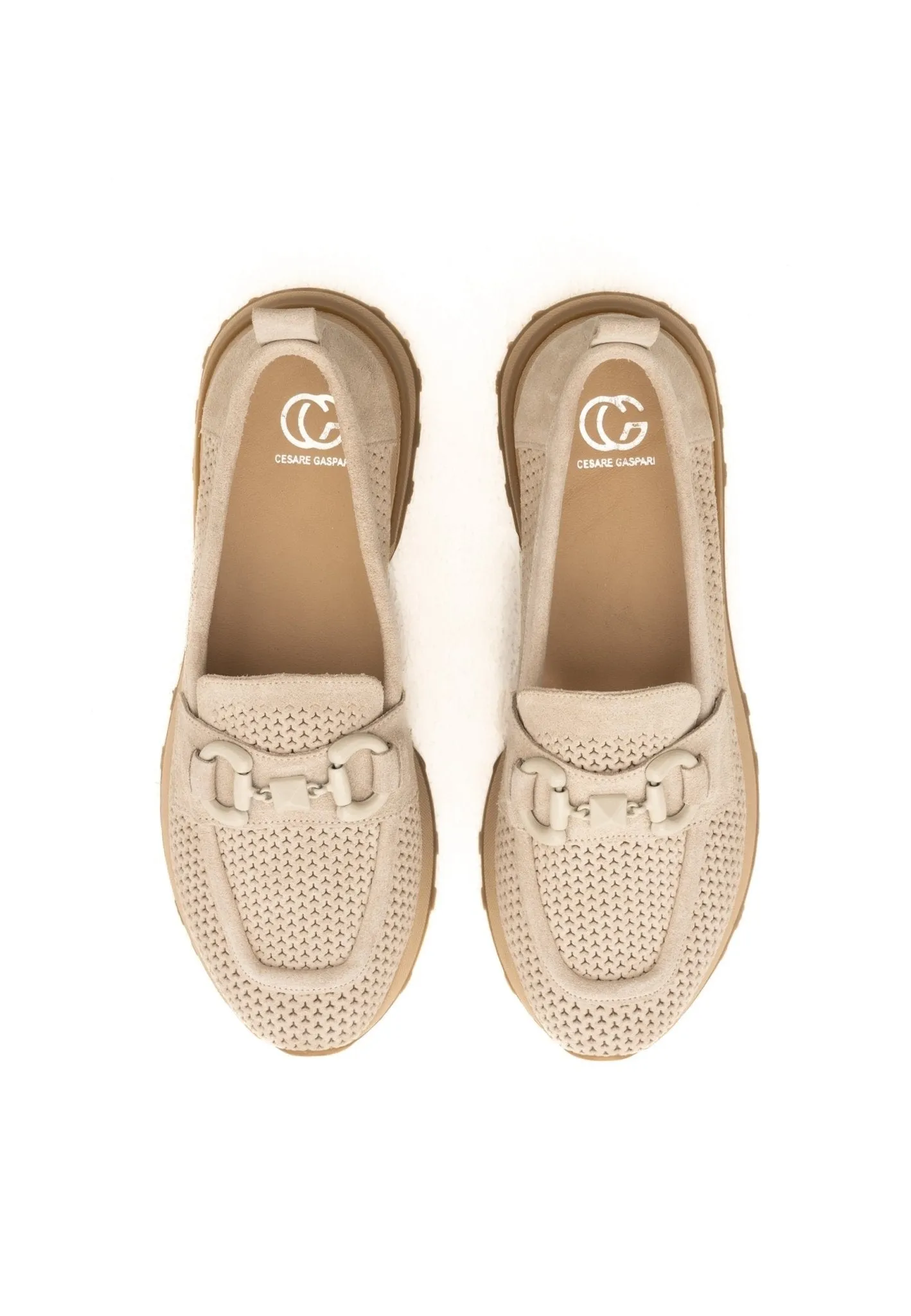 Suede Laser Cut Loafers - Beige