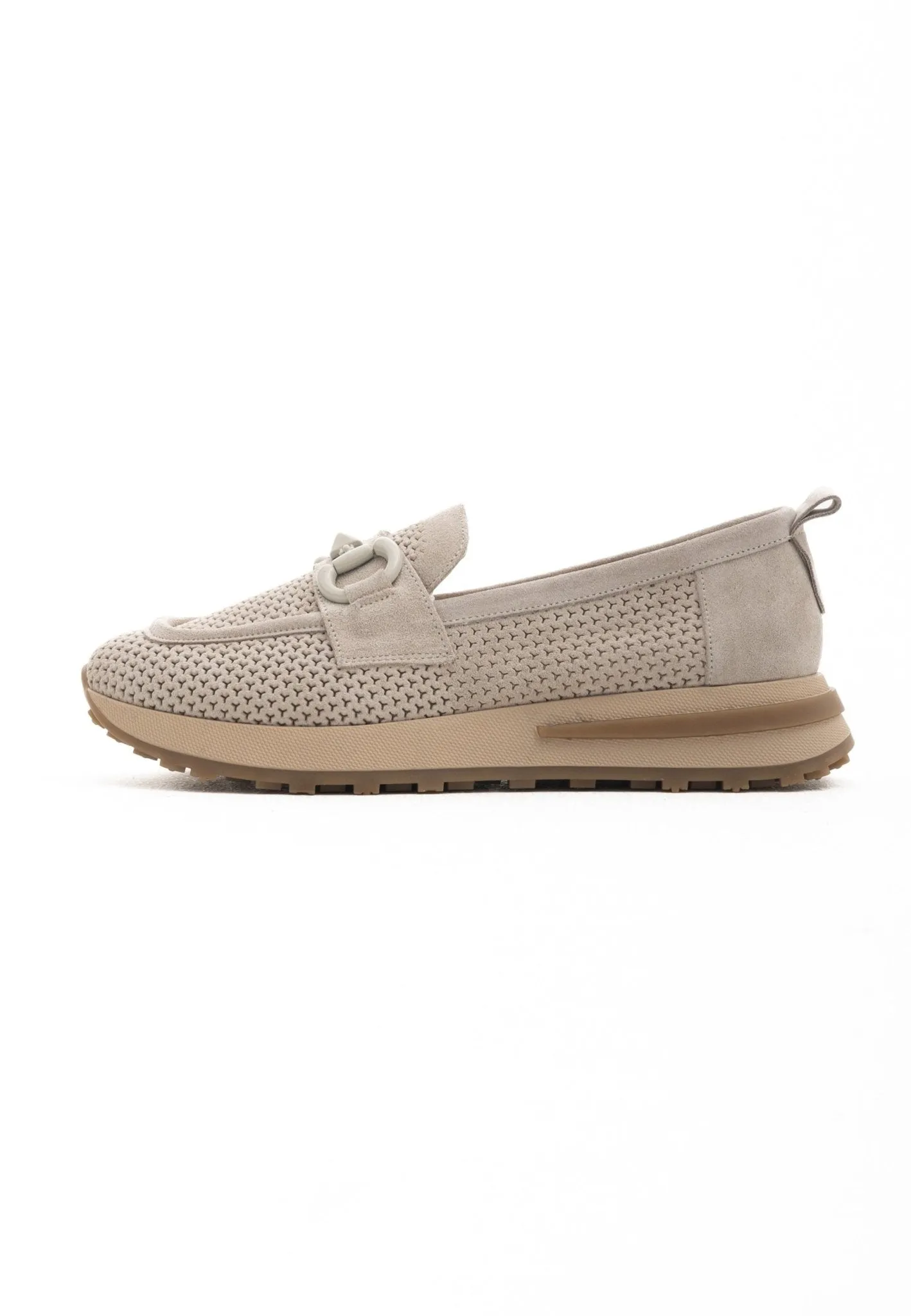 Suede Laser Cut Loafers - Beige