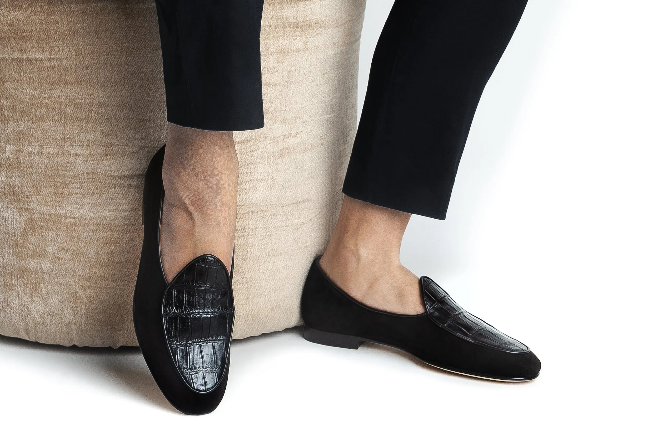 TANGERINE CROCOSUEDE BLACK BELGIAN LOAFERS