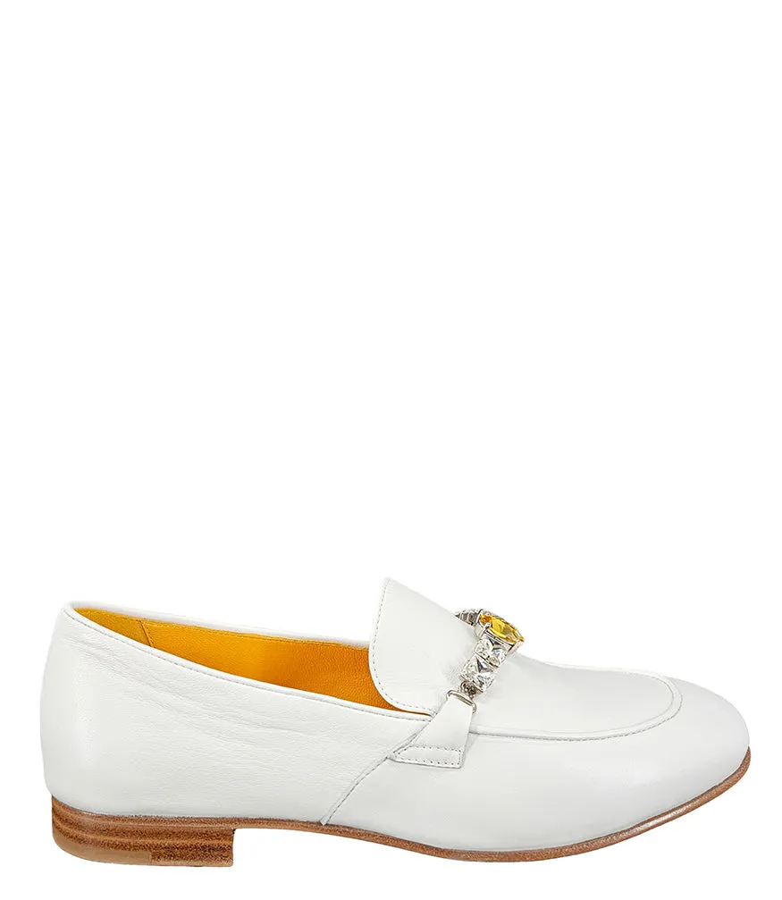 White Leather Flat Jeweled Loafer